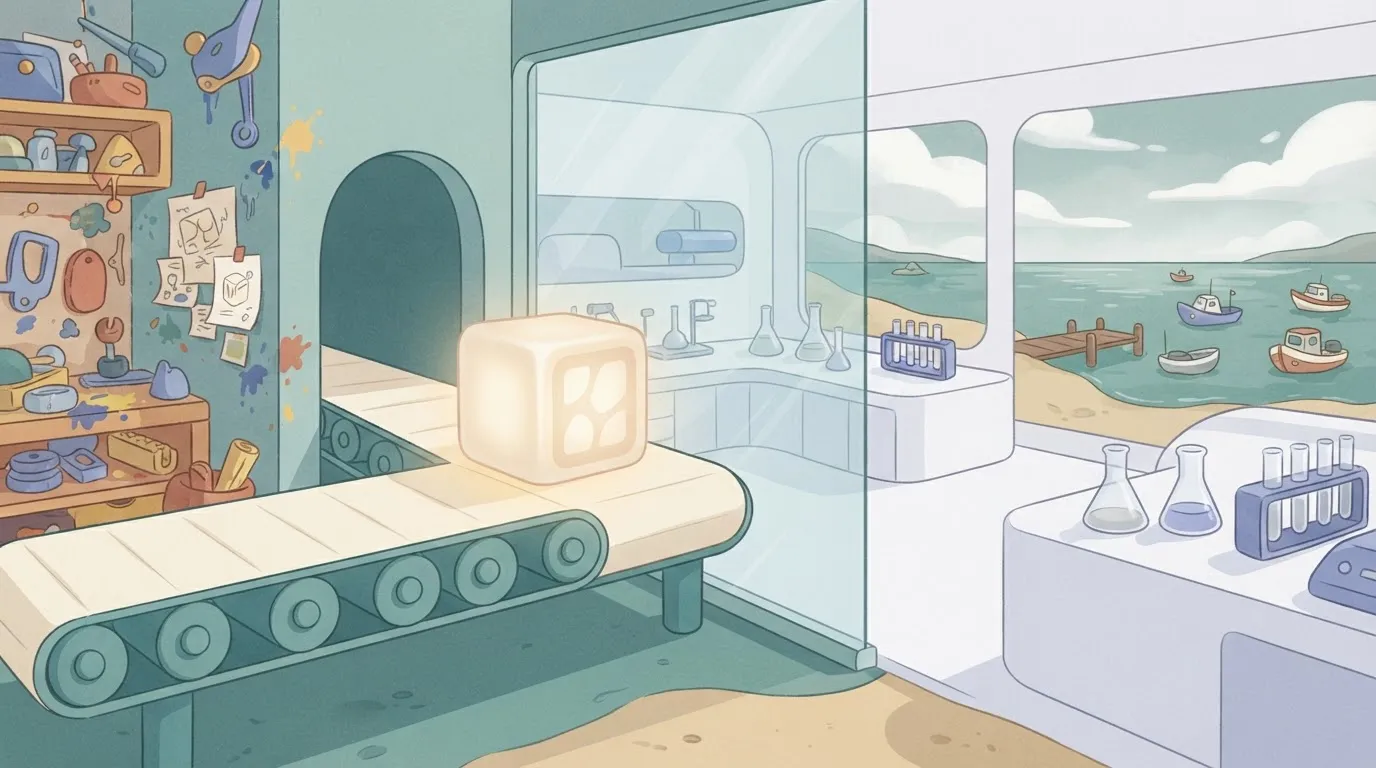 A conveyor belt carrying a glowing cube labeled with a version number; the belt passes through a glass wall from a messy…