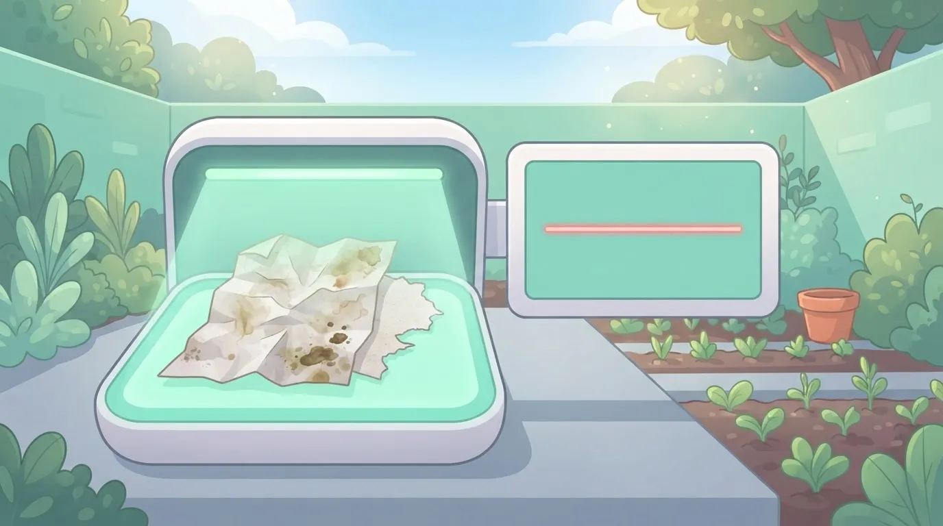 A high-tech, glowing scanner bed is scanning a piece of paper that is heavily crumpled, stained, and torn, with the digital…