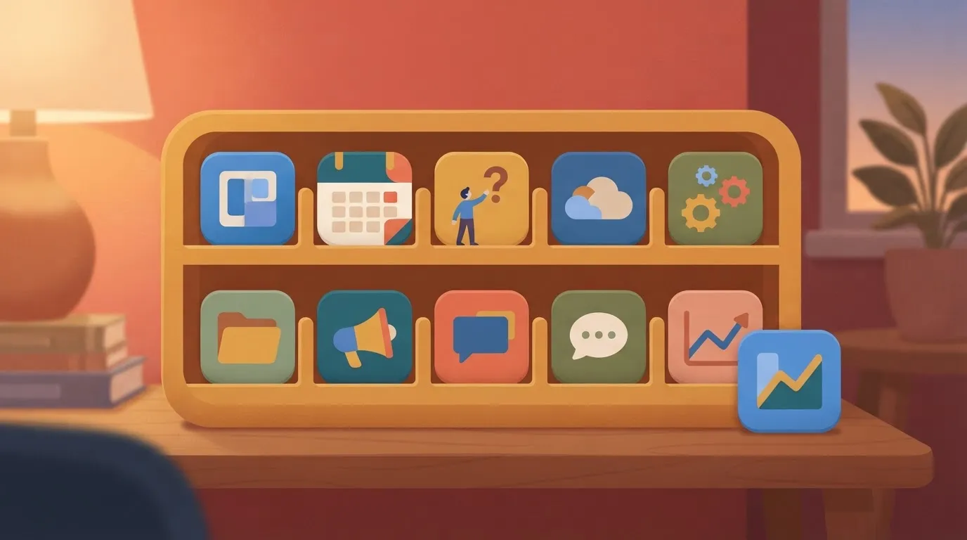 Full shelf of ten Slack app tiles with one waiting