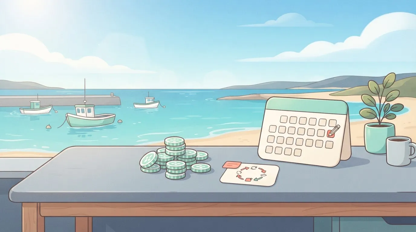 Small pile of credit tokens beside a month-end calendar page and one workflow card