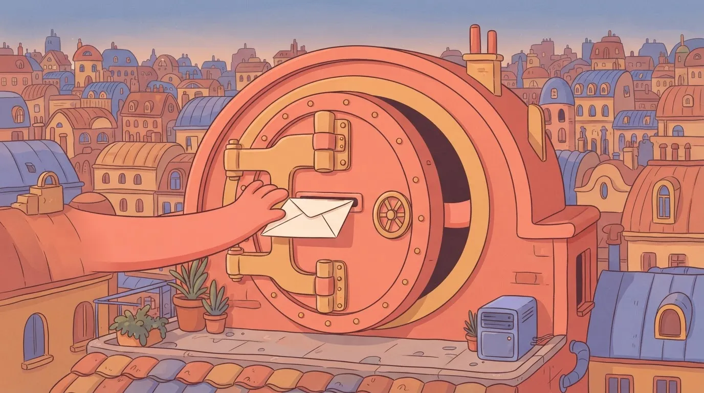 A heavy, locked vault door with a small, narrow mail slot in the center; a hand on one side is sliding a plain envelope…
