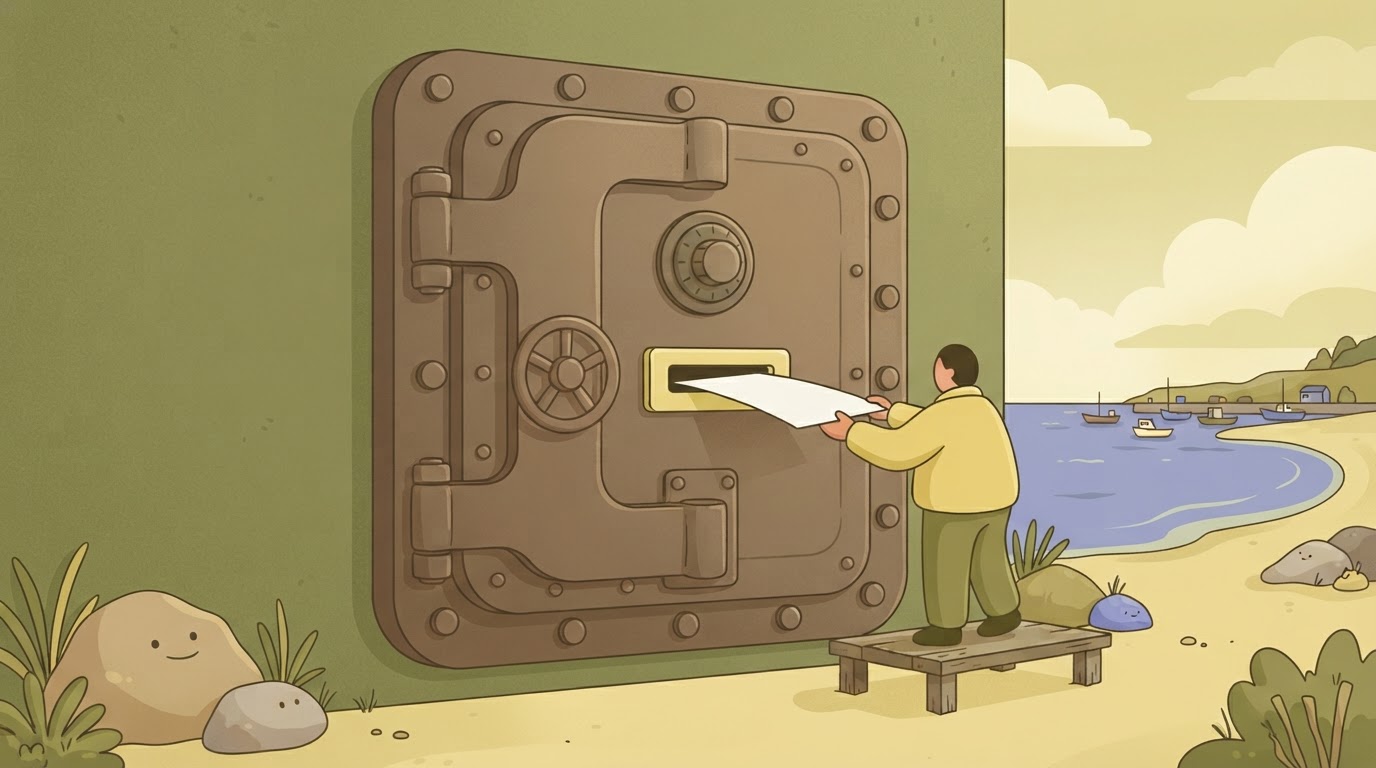 A large, heavy vault door with a small, simple sliding mail slot in the center.