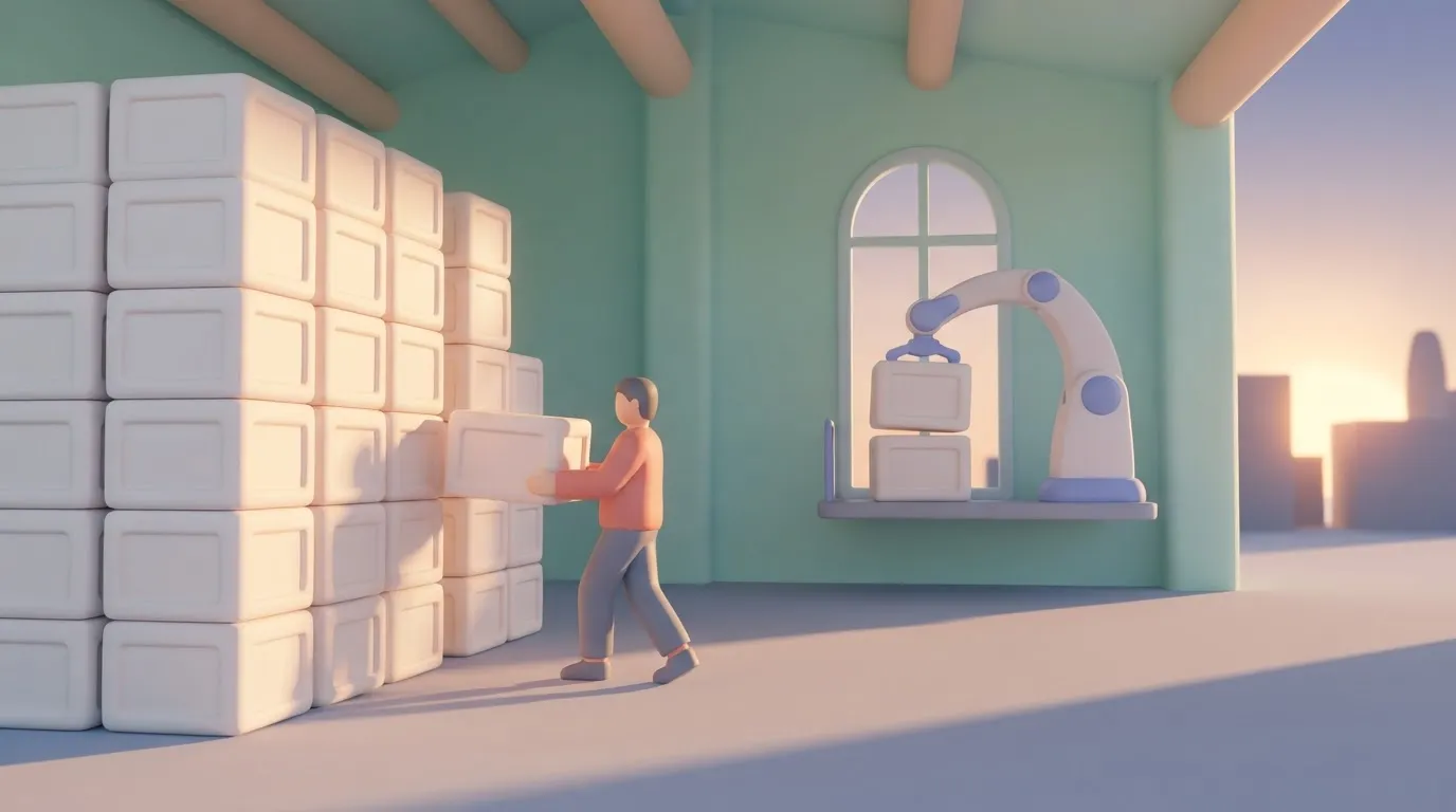 A tall stack of identical crates in a warehouse; a person pulls one crate out from the middle, and a mechanical arm at a…