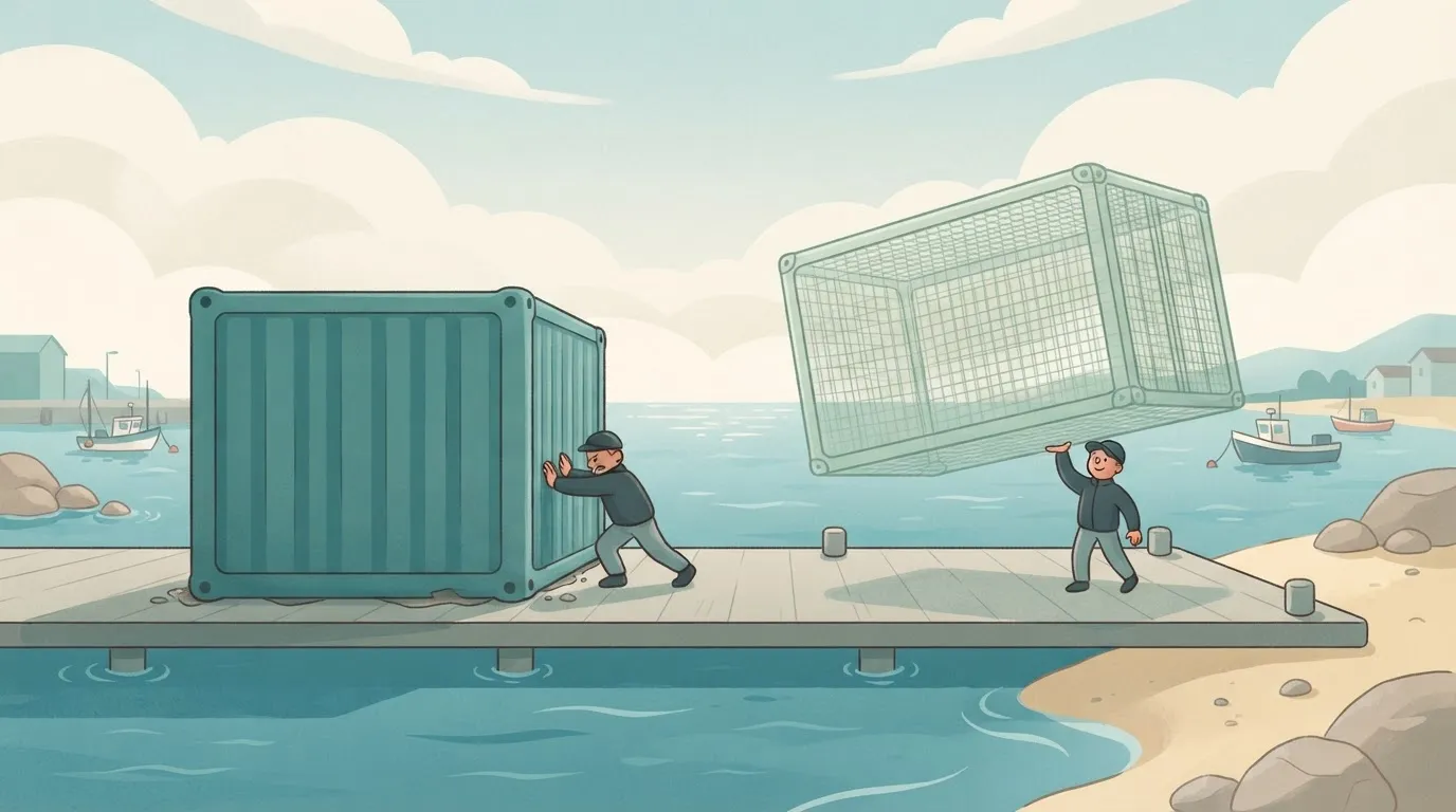 A large, heavy shipping container sitting on one side of a platform, while on the other side, an identical container is…