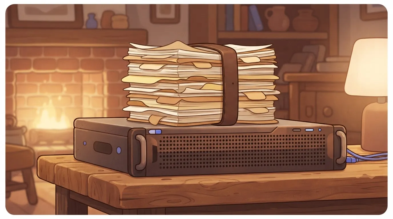 A stack of paper audit logs resting on a sturdy metal server chassis representing sovereign hardware.