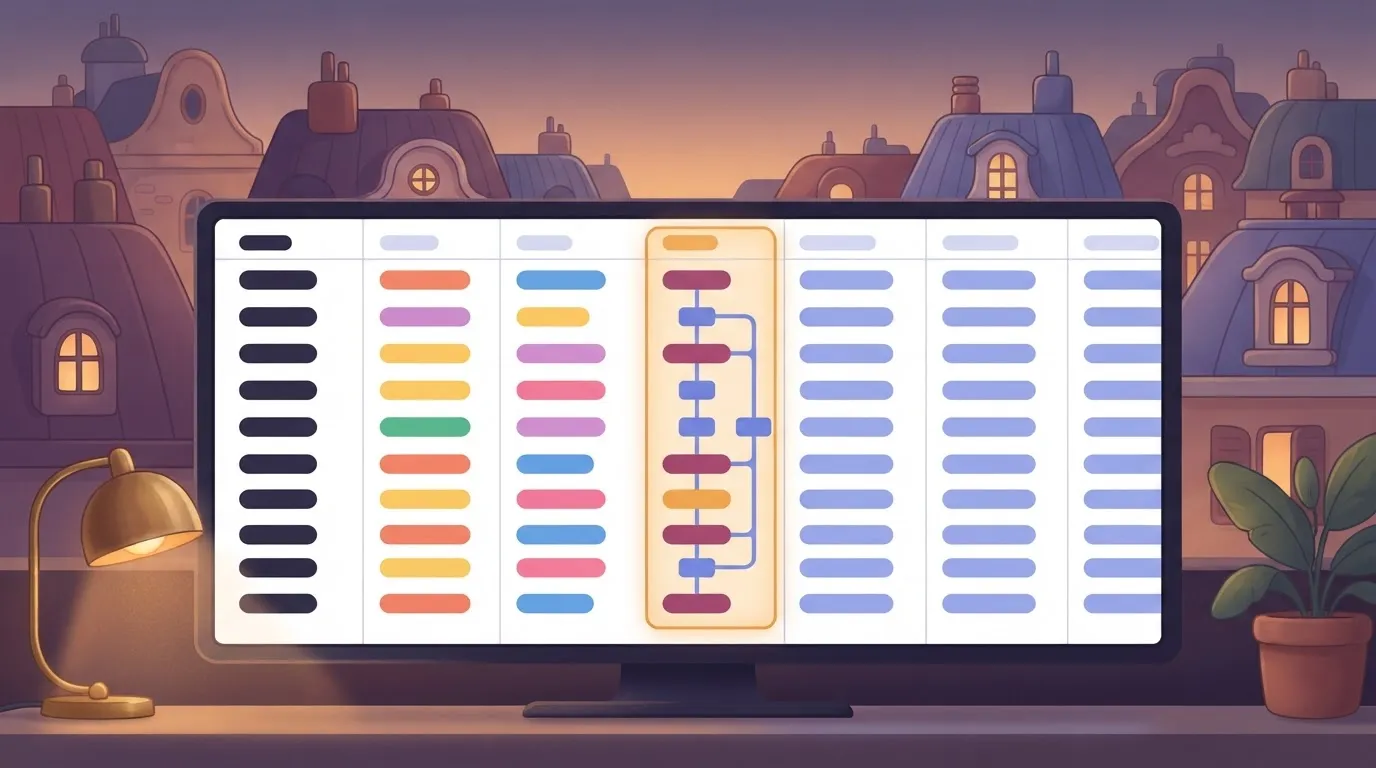 A wide, flat table structure on a screen showing a relational database with several columns, where one column is…