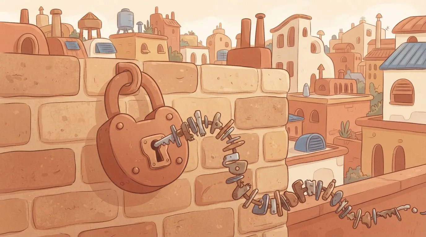 A heavy iron padlock attached to a wall, with a long string of random, jagged metal teeth acting as the key stuck inside it.