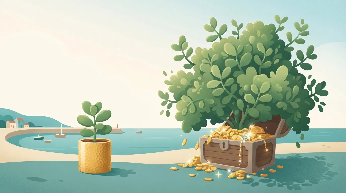 A small potted plant growing in a pot that is exactly the same shape and size as a gold coin, while a massive, overgrown…