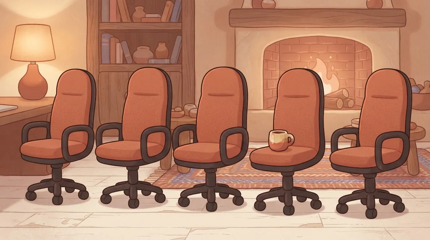 A row of five identical tall office chairs.