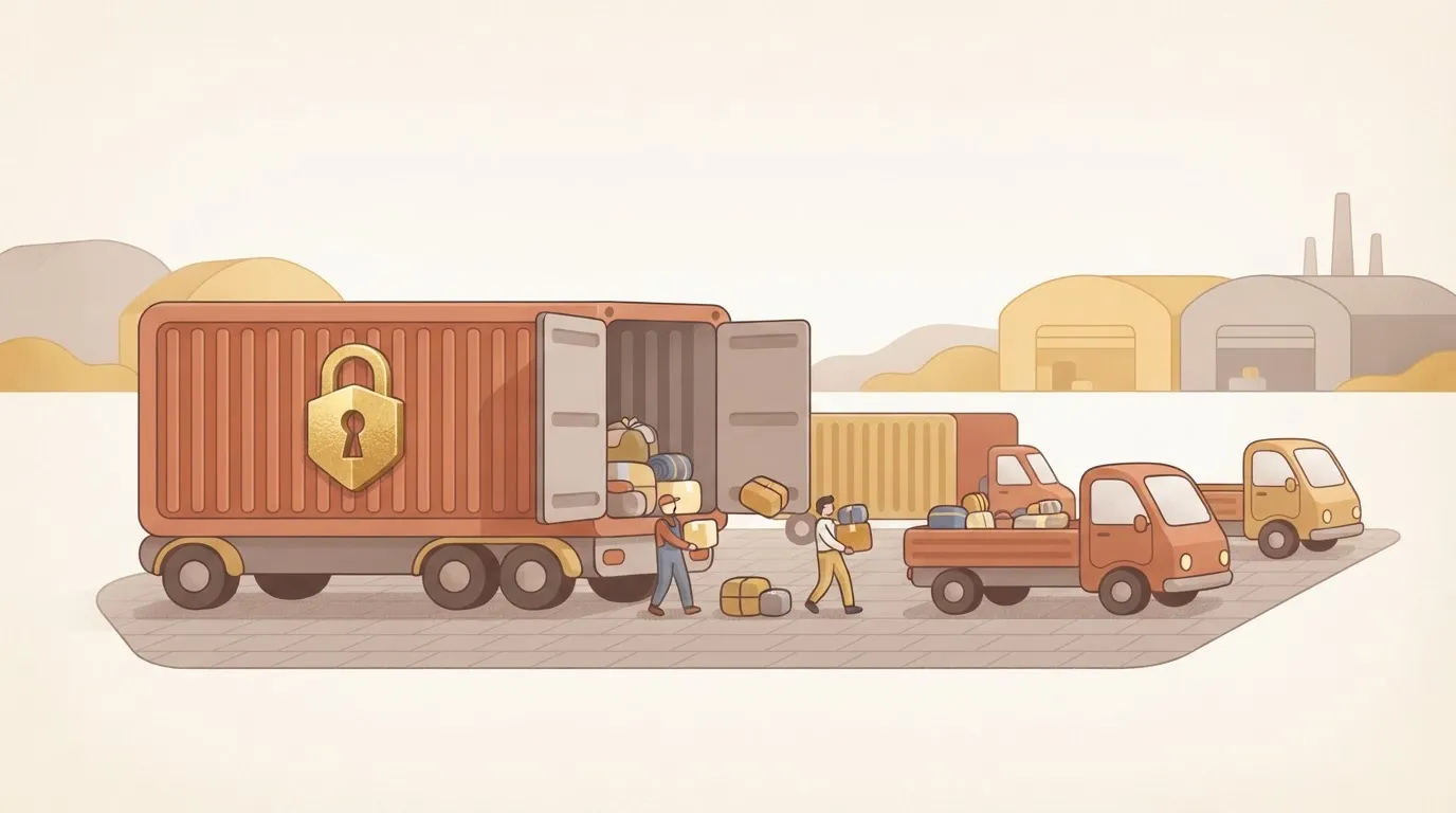 A large, heavy shipping container with a single, unique lock shape on its door, parked next to a fleet of small open-bed…
