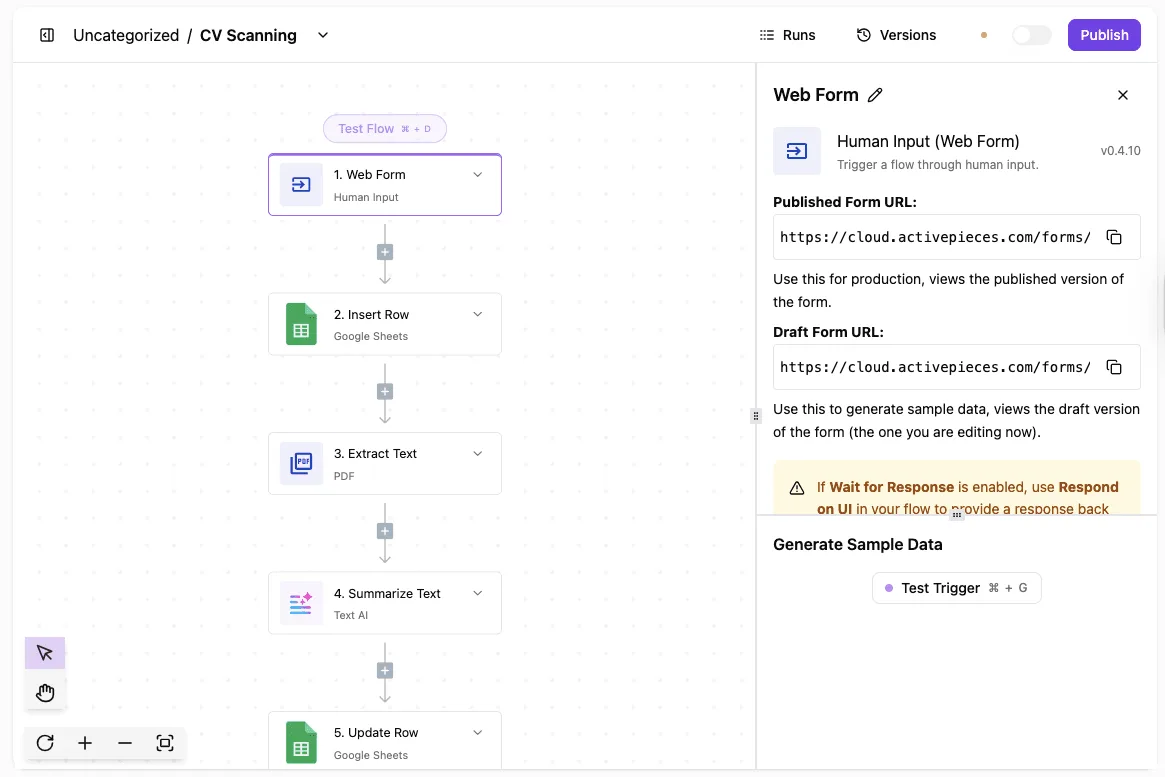 A five-step workflow for CV scanning with a web form trigger, Google Sheets integration, PDF text extraction, and AI text…