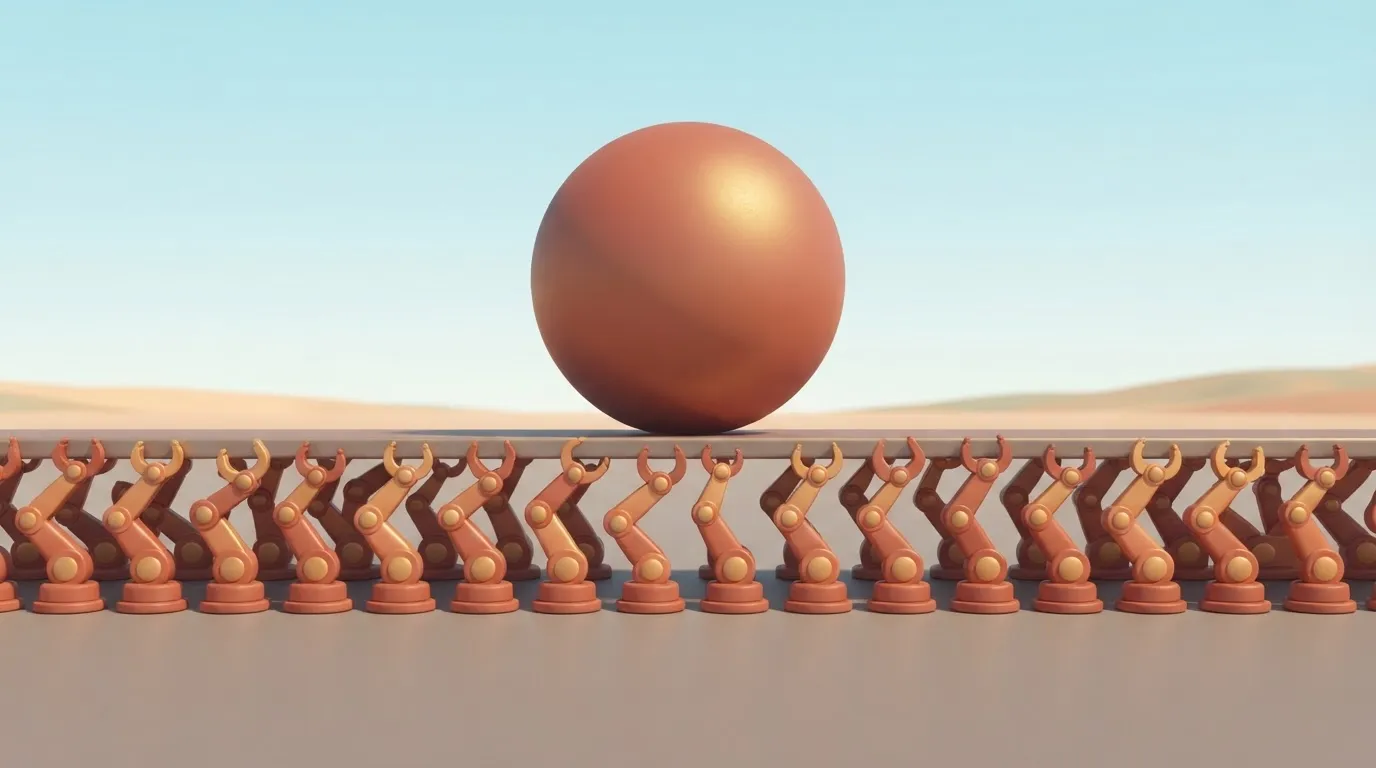 A single oversized heavy weight being supported by a long row of small, identical robotic arms standing shoulder-to-shoulder.