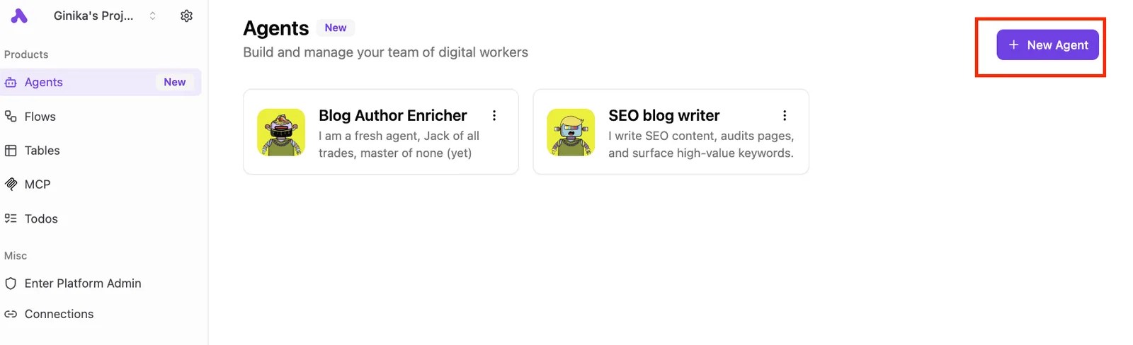 Activepieces Agents interface showing two AI agent cards for Blog Author Enricher and SEO blog writer with a New Agent button