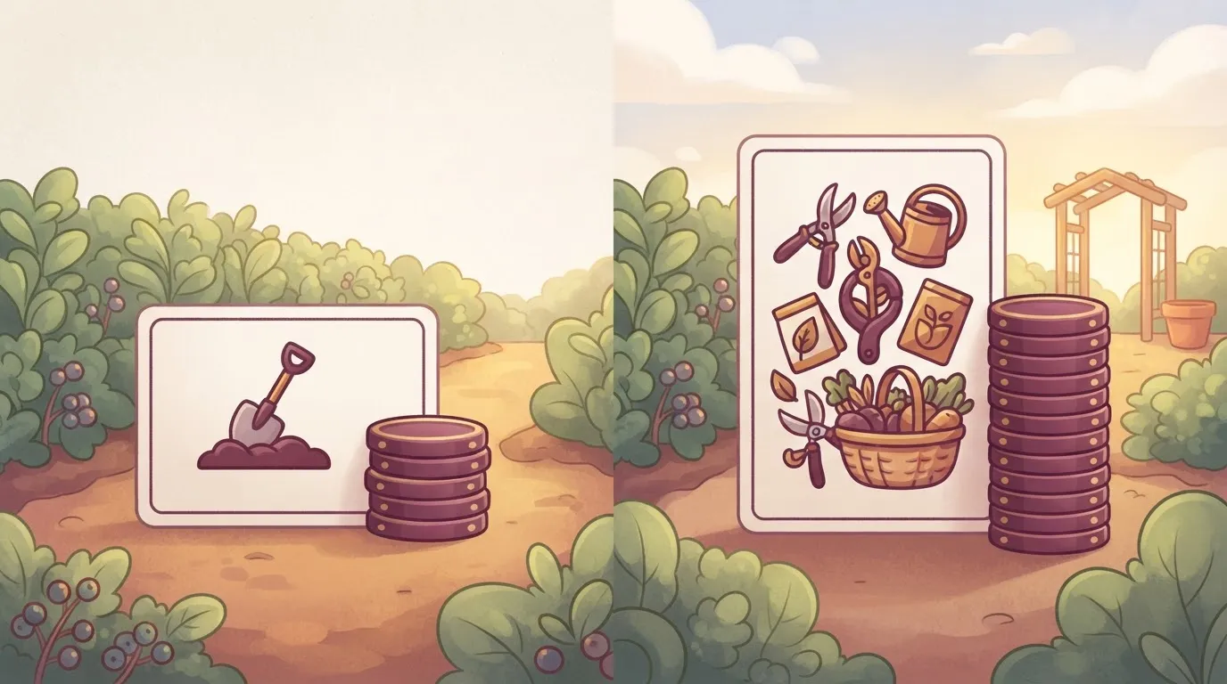 Short and tall credit stacks beside simple and complex task cards