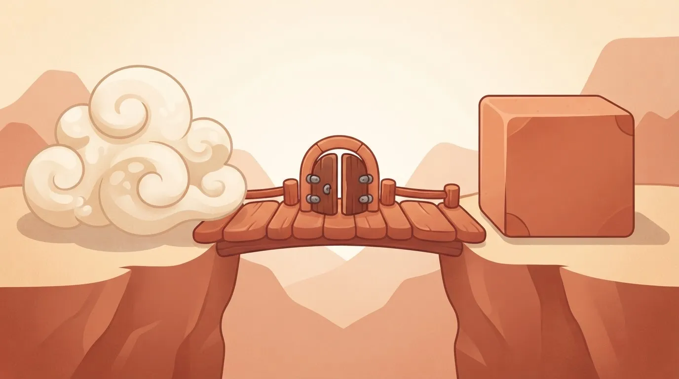 A small, sturdy bridge connecting two high cliffs; on one side is a formless, swirling cloud, and on the other is a rigid…