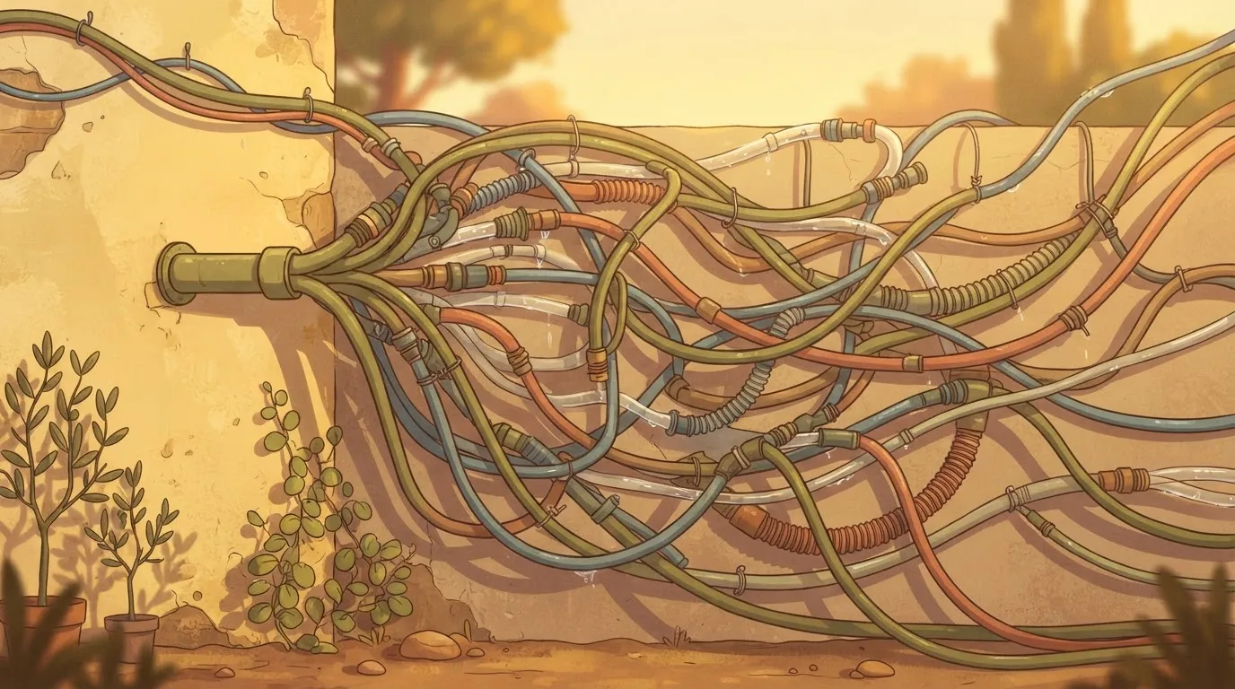A single plumbing pipe coming out of a wall that immediately splits into a chaotic, wide web of external garden hoses and…