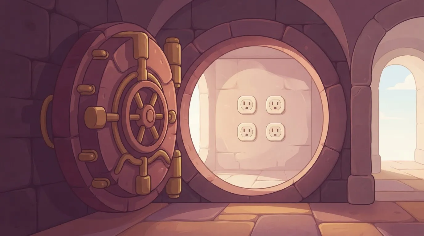 A massive, heavy stone vault door standing wide open, revealing several small, ordinary power outlets on the interior wall…