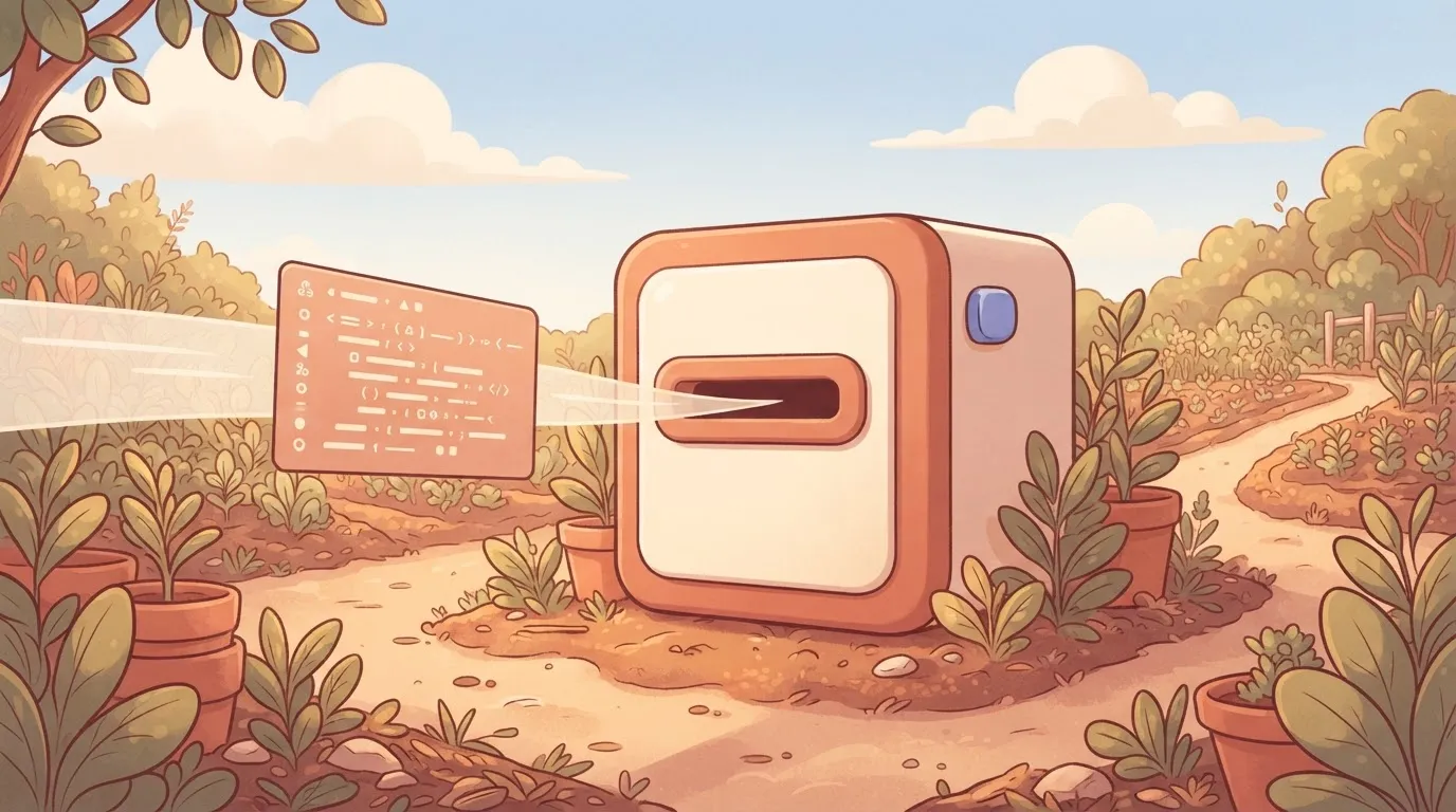 A rectangular card representing a webhook payload, containing structured lines of code, arriving at a boxy machine…