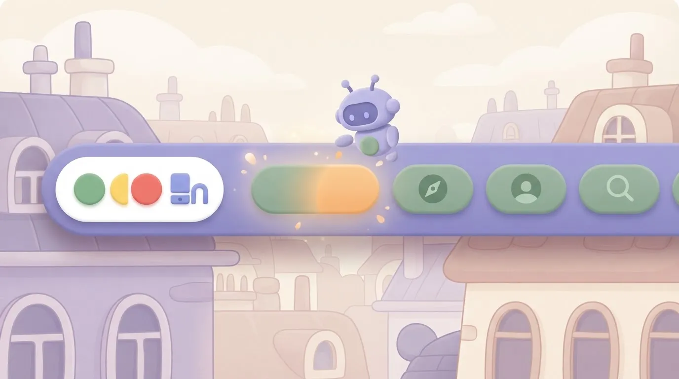 A close-up of a browser navigation menu with a small, stylized bot icon hovering near a button that is changing color to…