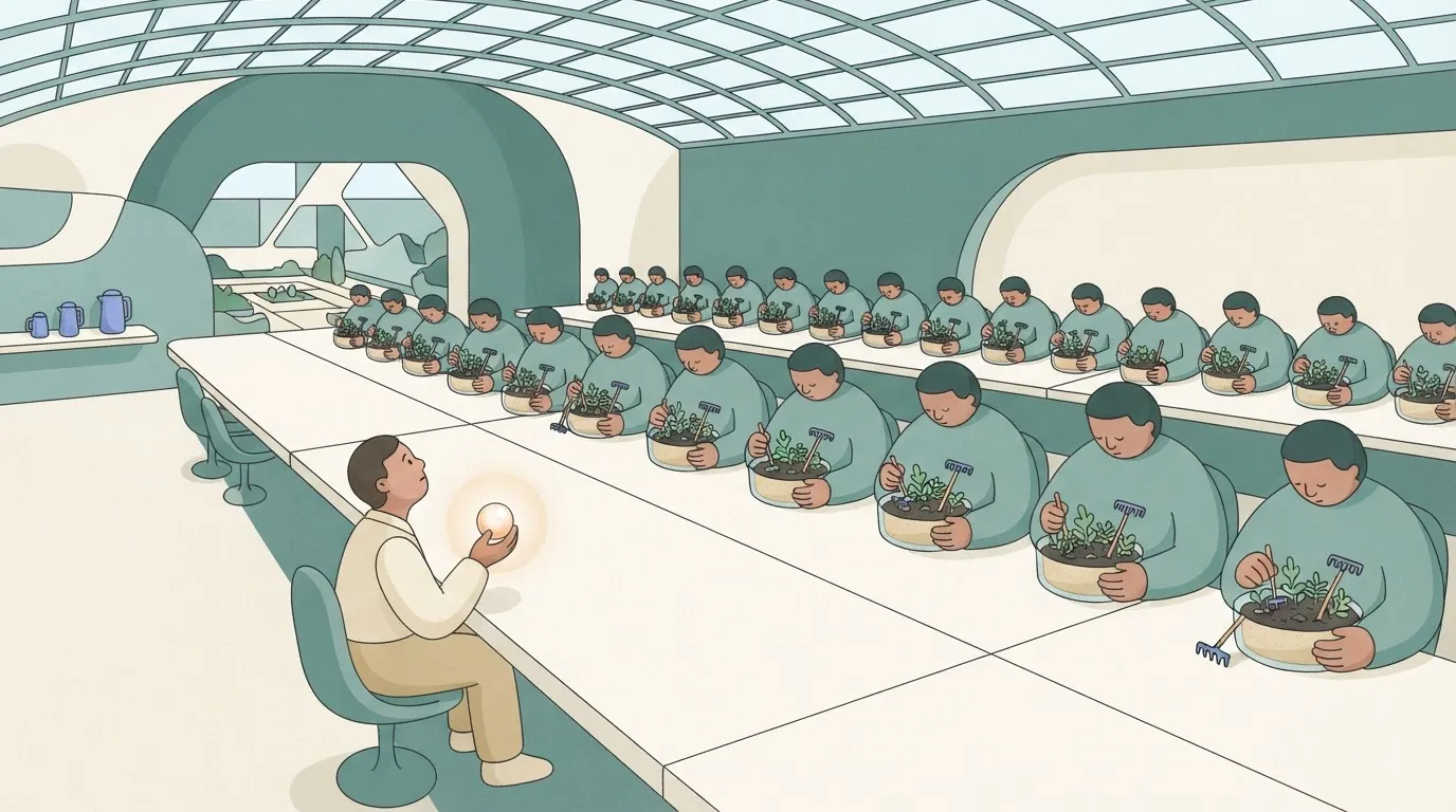Paragraph 39: A single employee at a long conference table holds a small glowing sphere, while forty-nine other identical…
