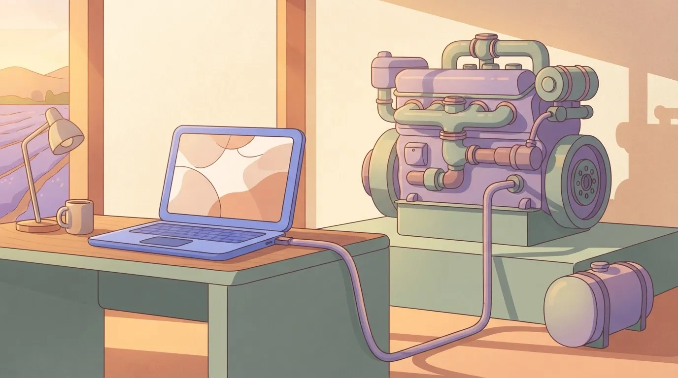 A laptop sitting open on a desk, while behind it, a much larger, heavy-duty industrial engine hums on a pedestal, connected…