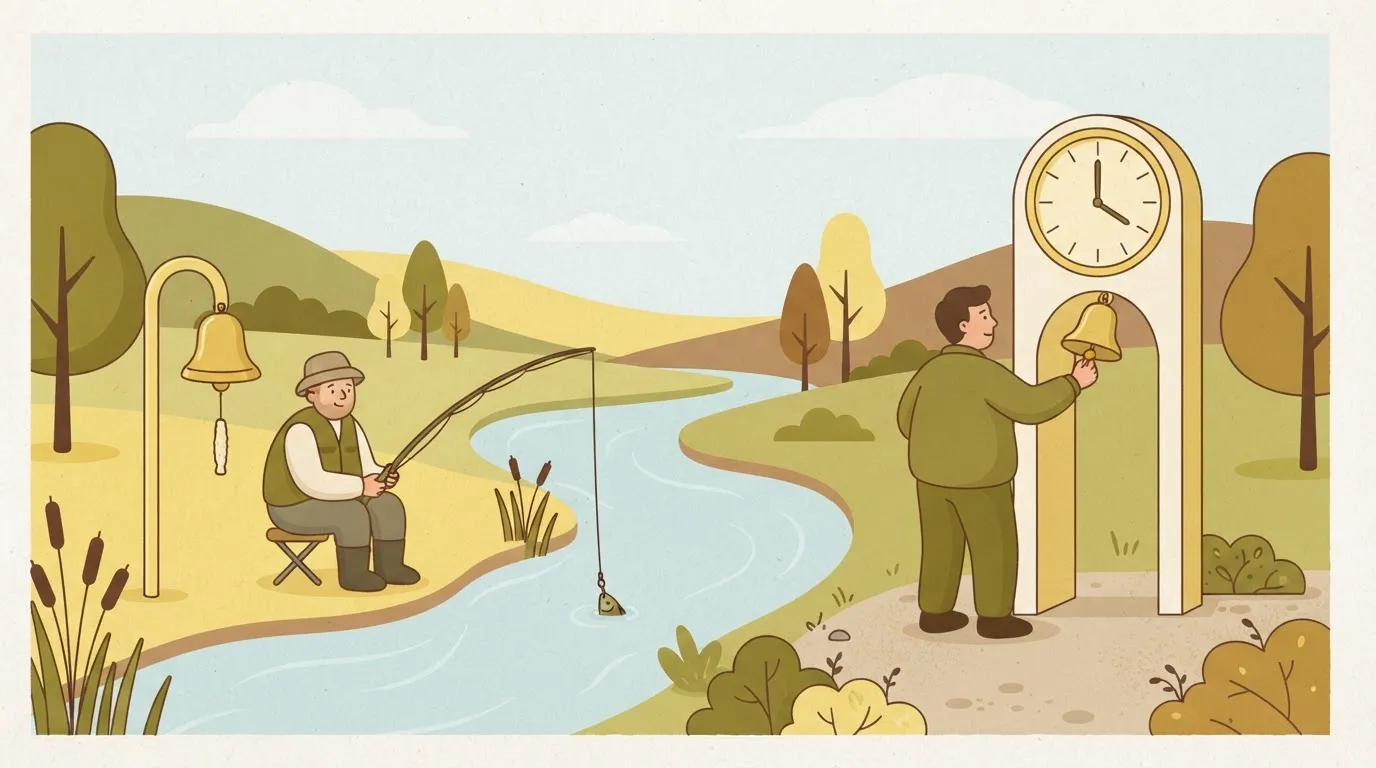 A fisherman sitting patiently by a bell that rings only when a fish pulls the line, contrasted with a man standing by a…