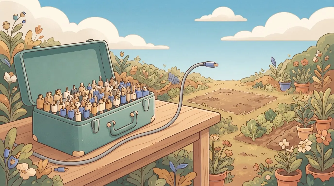 A big open toolbox crammed with hundreds of neat connector plugs, on a workbench beside a bare empty patch where an engine…