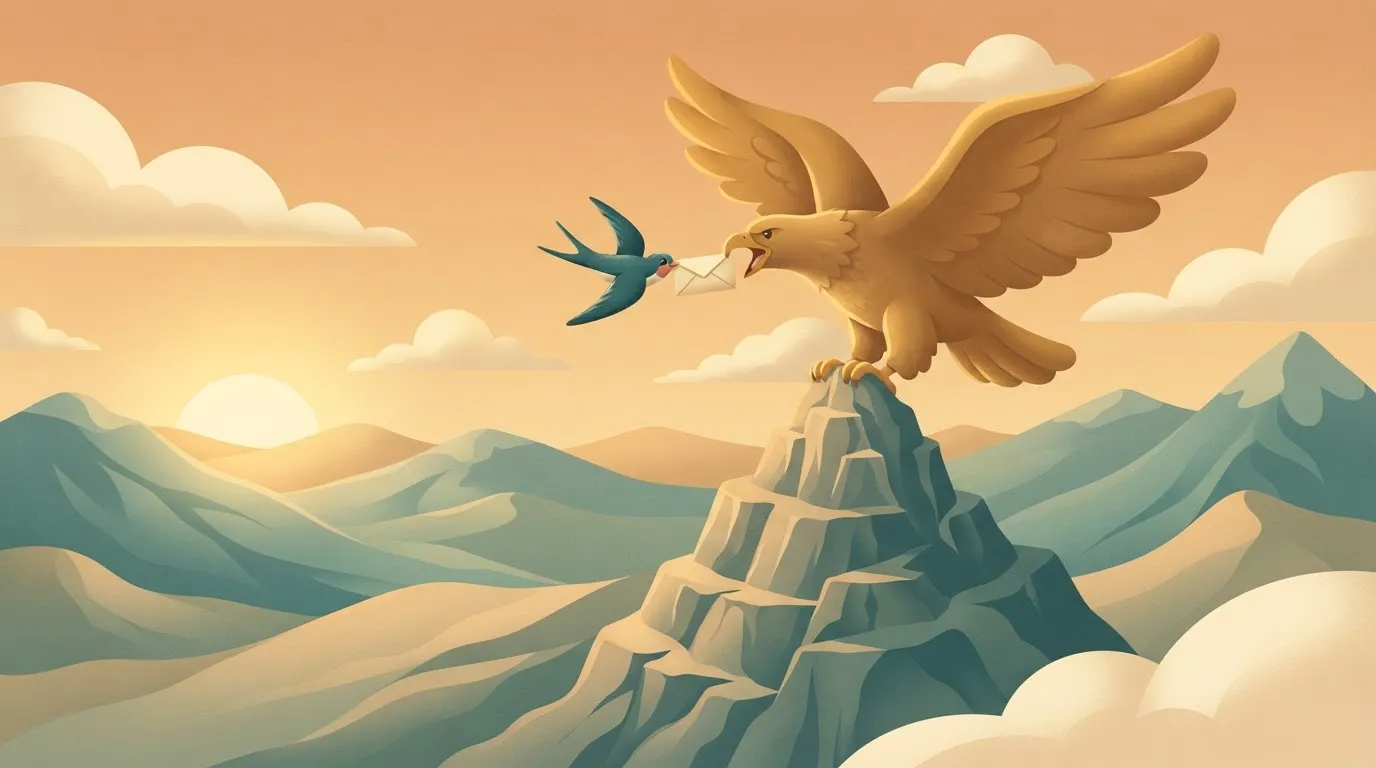 A small, light bird carrying a letter across a long distance, handing it off to a massive, powerful eagle only for the very…