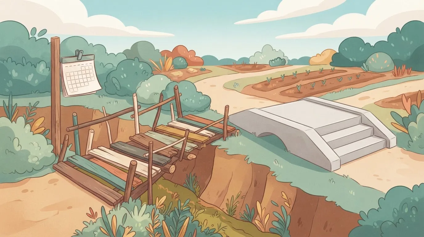 Plank bridge beside an empty bridge foundation