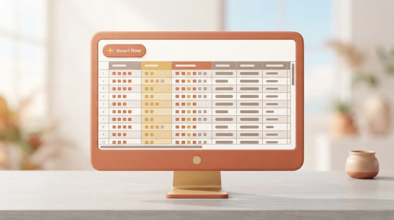 A computer screen displays a spreadsheet with several rows of data and a visible 'Insert Row' button.