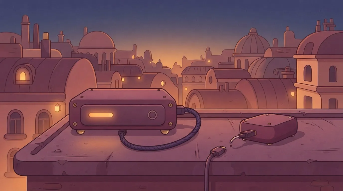 A rectangular secret manager device with a glowing status light, connected by a cable to a smaller vendor database box that…