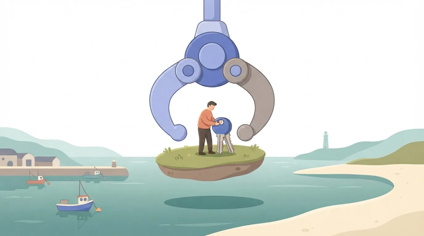 A person standing on a small patch of grass held up by a giant mechanical claw, while the person holds a heavy set of house…