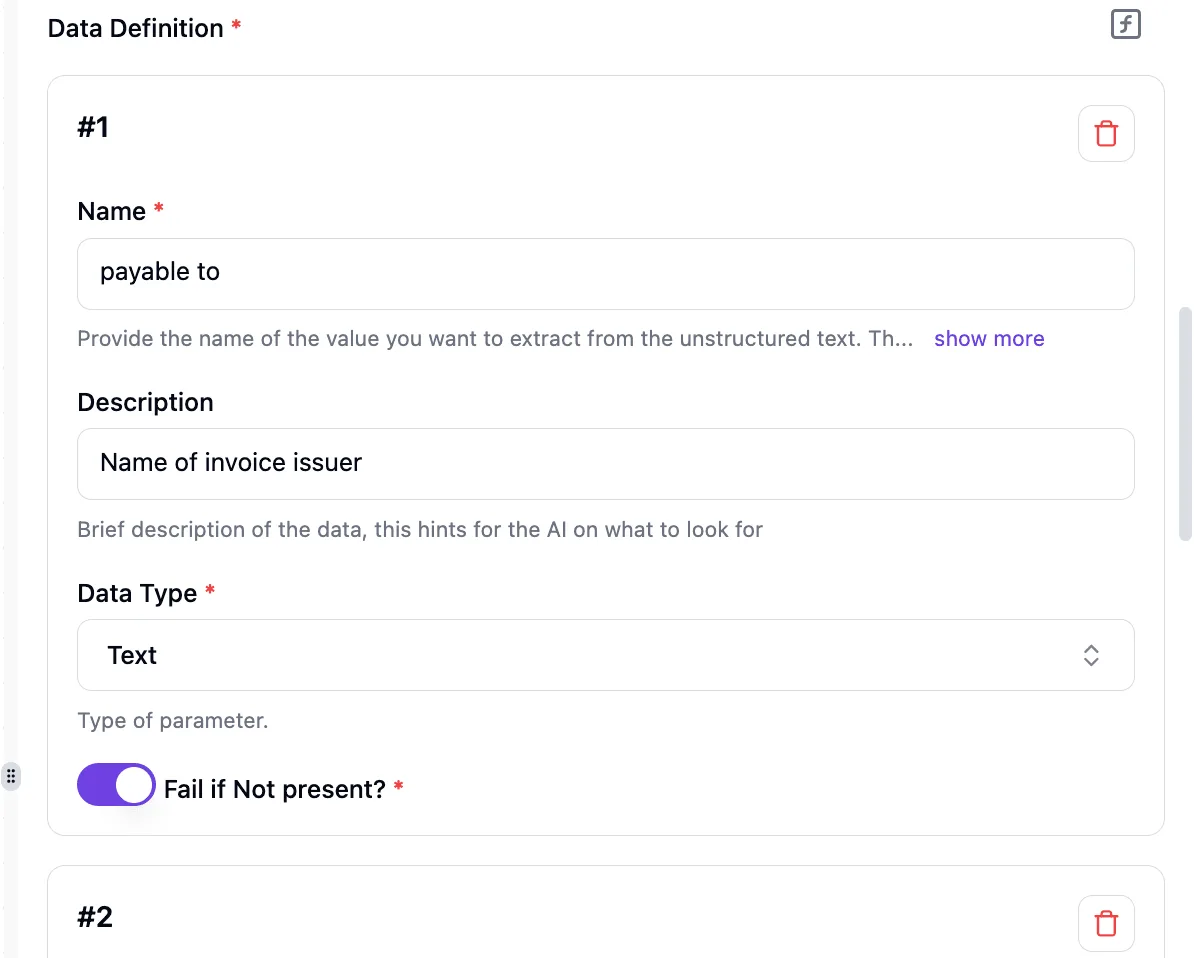 A data definition form showing fields for extracting invoice issuer information with name, description, and data type…