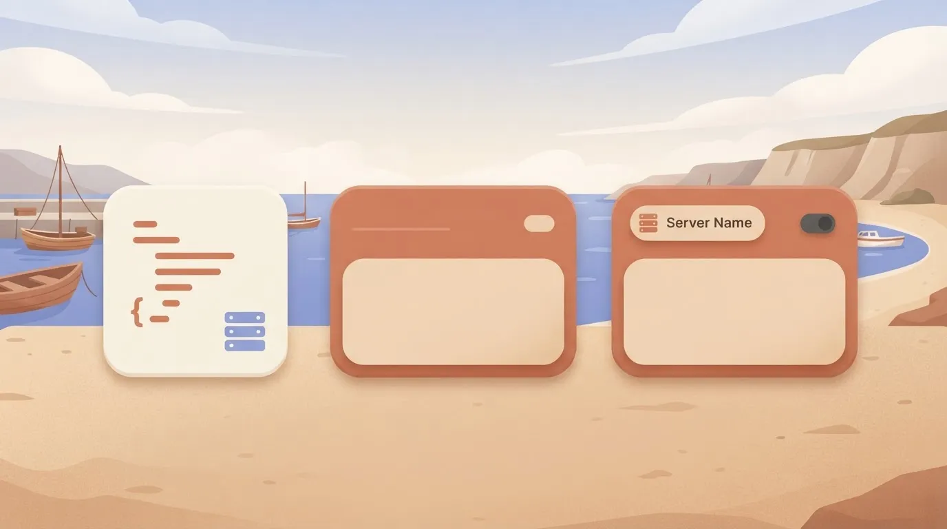 Two server status cards beside a settings.json file: one card empty with a blank name slot, the other showing a server name…