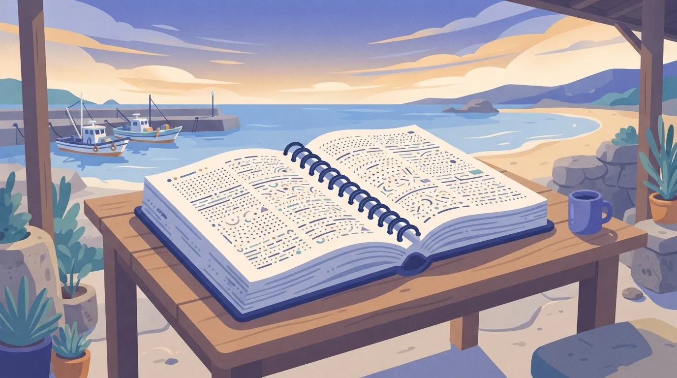 A thick technical manual with a spiral binding lies open on a table.