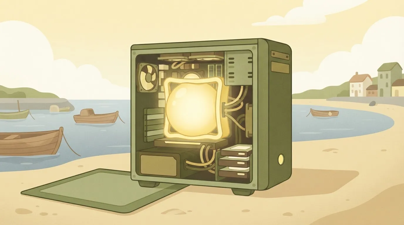 A standard consumer-grade computer tower with its side panel open, showing a large, glowing spherical core being squeezed…
