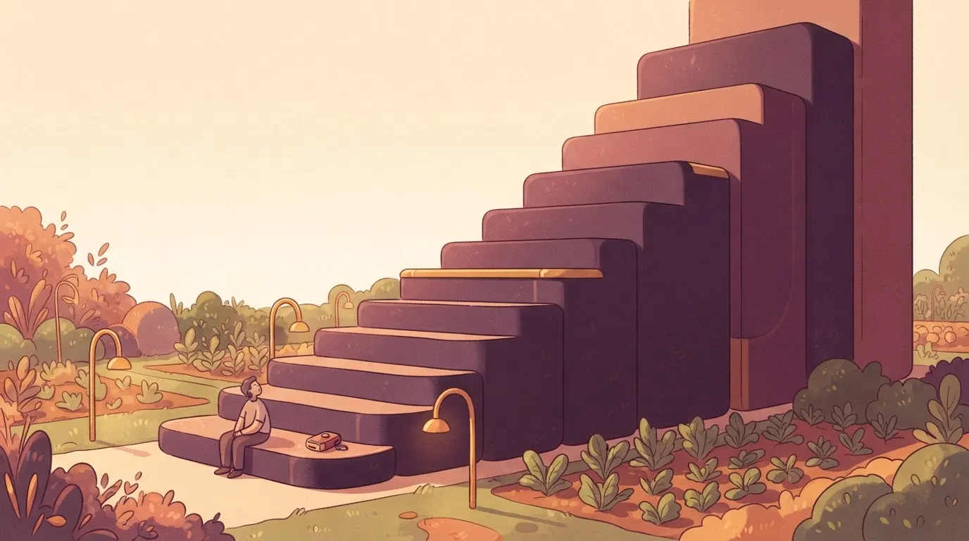 Staircase of ever-taller steps with a tiny gadget at the base