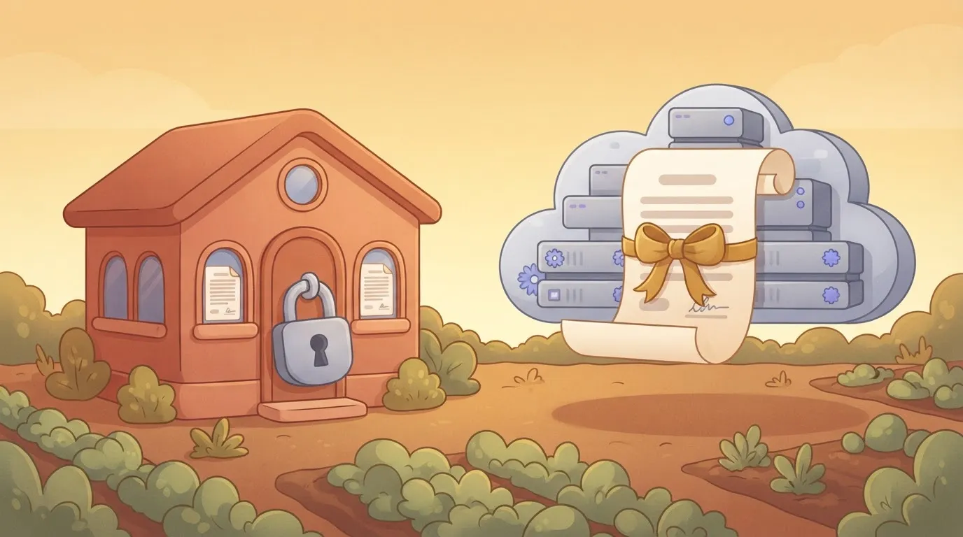 A building and a contract-wrapped cloud both holding the same document