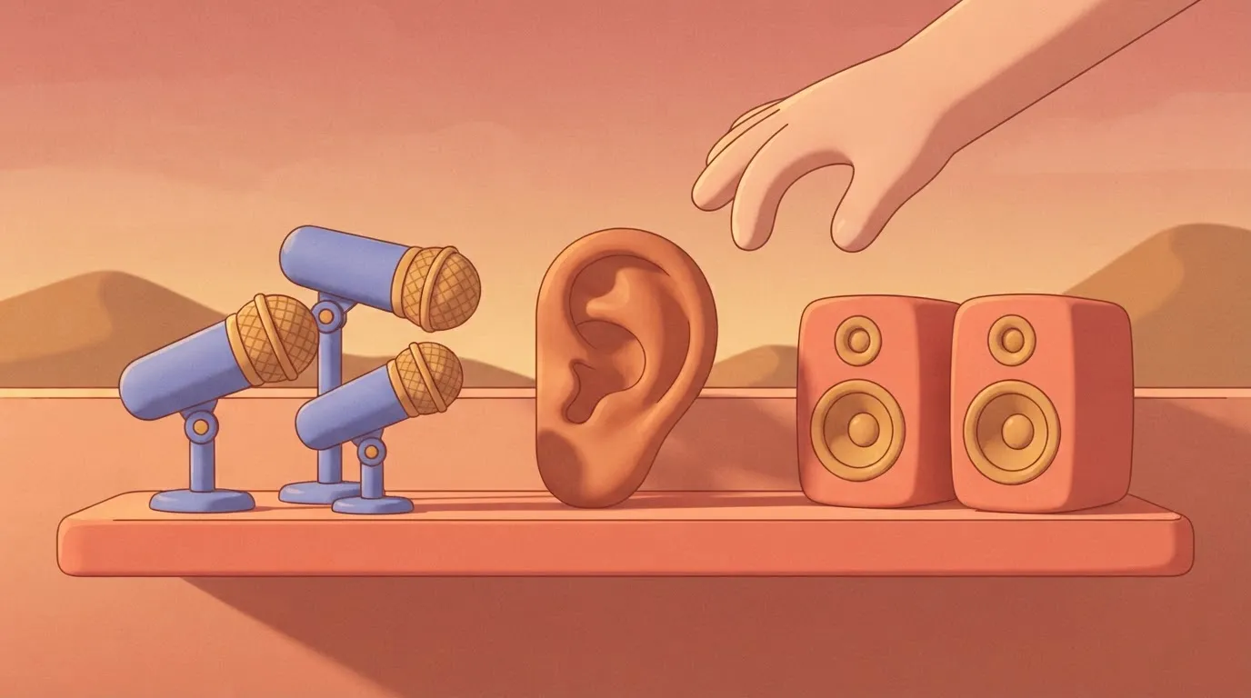 Shelf of three microphones and two speakers with a hand hovering