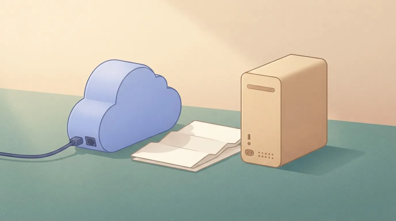 Cloud server with agreement paper beside it, self-hosted server without one