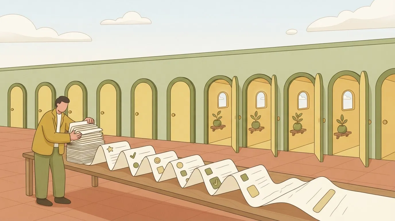 A folded wad of steps beside many doors into one small room