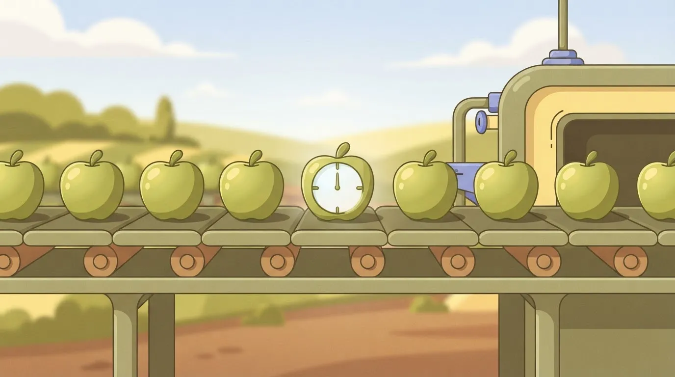 A conveyor belt carrying rows of identical, healthy-looking green apples, but one apple has a hollow, translucent center…