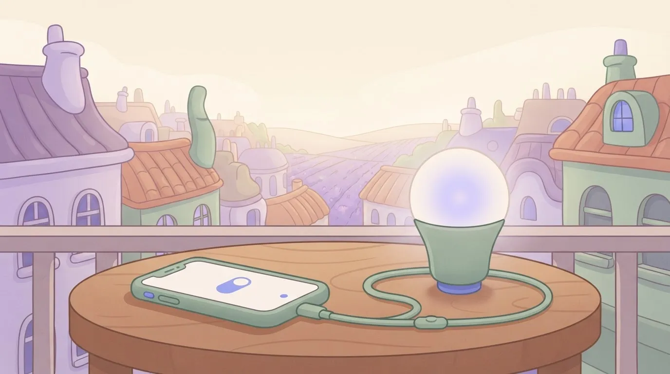 Smartphone connected by one line to a smart light bulb