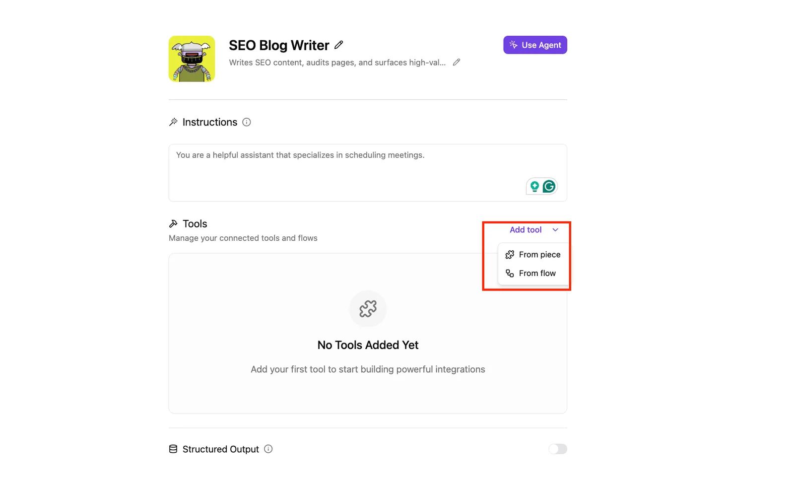 AI agent configuration screen for SEO Blog Writer agent showing instructions, tools section, and structured output settings.