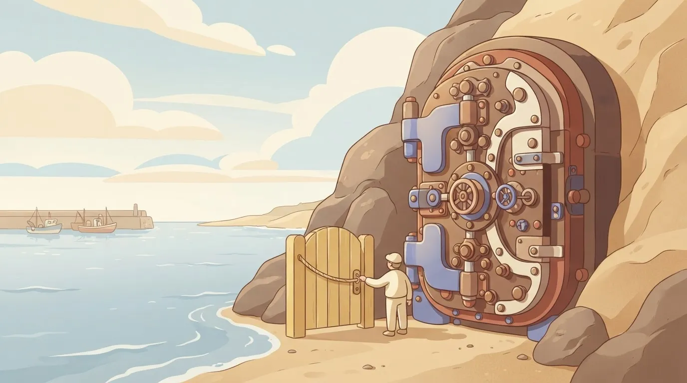 A small, simple wooden gate standing next to a massive, multi-layered vault door that is ten times its height.