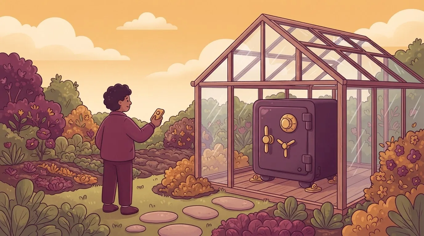 A heavy, locked iron safe sitting inside a glass greenhouse; the person outside the greenhouse holds the remote control to…