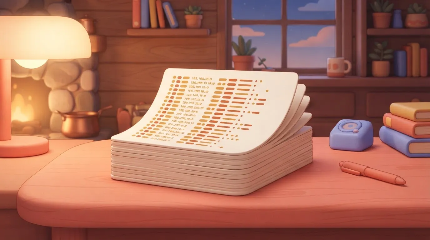 A stack of paper debugging logs sits on a desk, with the top page displaying a list of timestamps and IP addresses.