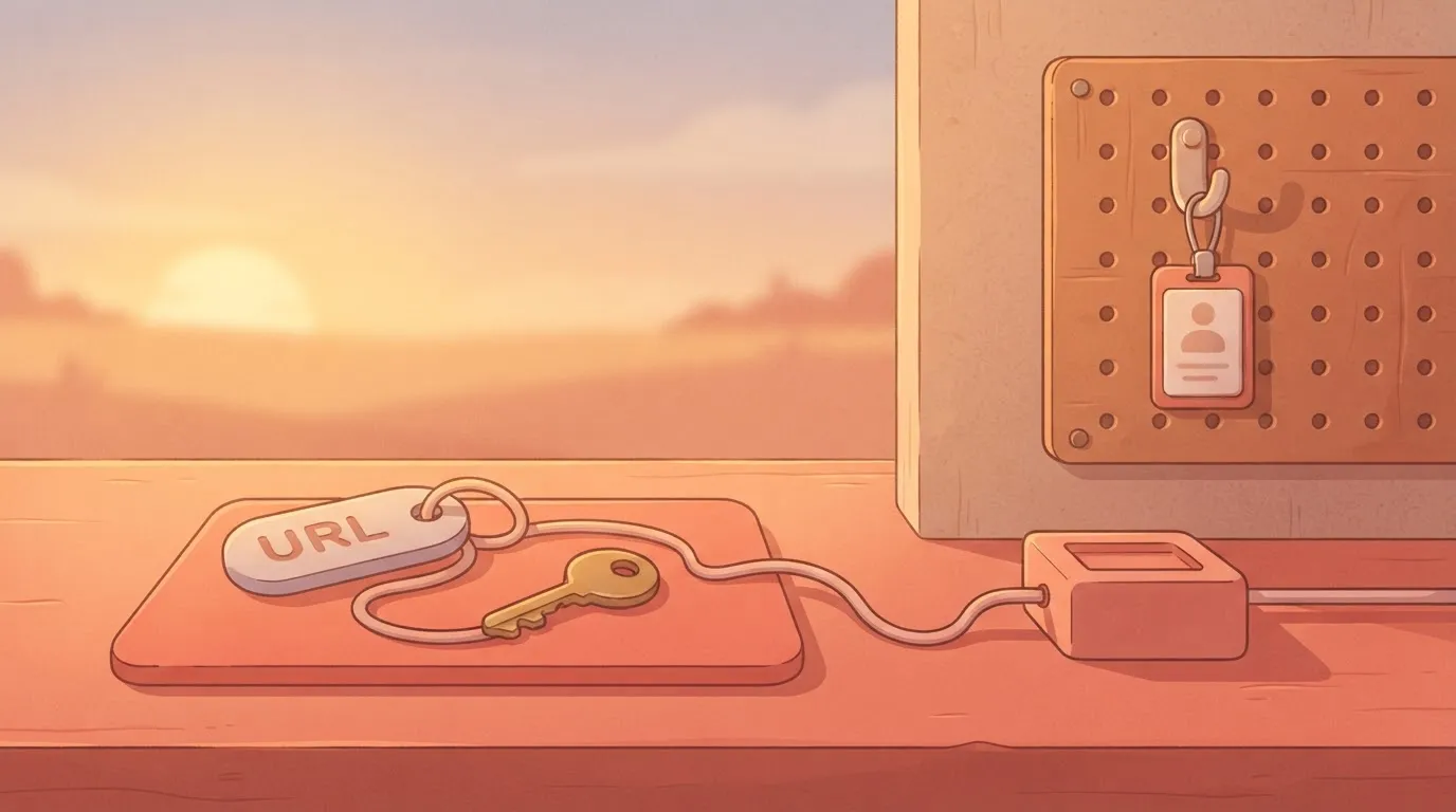 A workflow step card holding one URL tag and one key, joined by a single line to a gateway box, beside a pegboard with just…