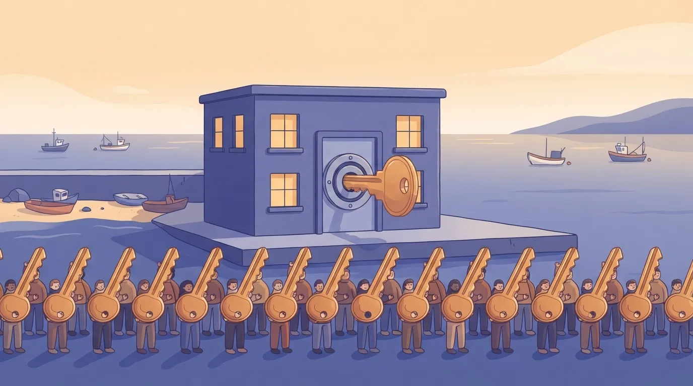 Several people each holding an identical oversized master key beside a small door