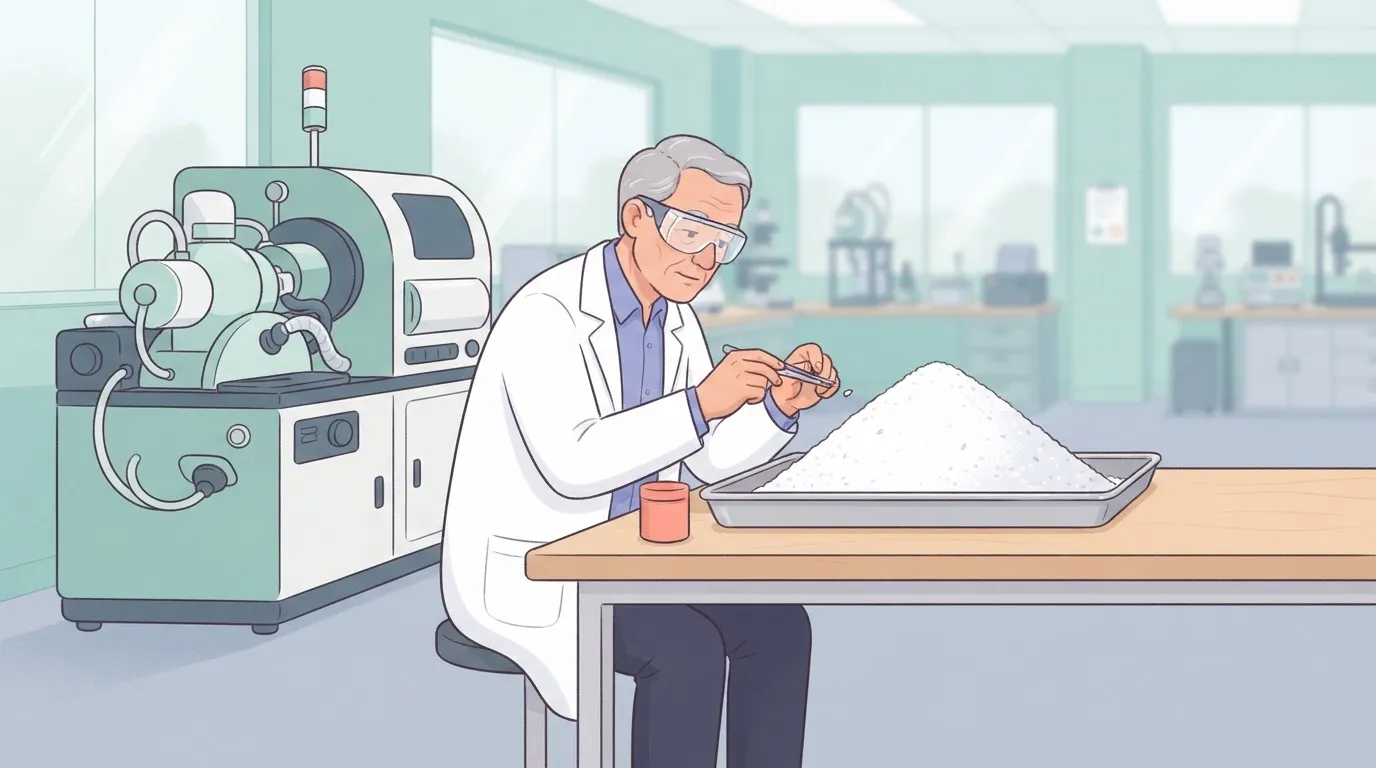 A senior worker in a lab coat and goggles meticulously uses a tiny pair of tweezers to pick a single grain of sand out of a…